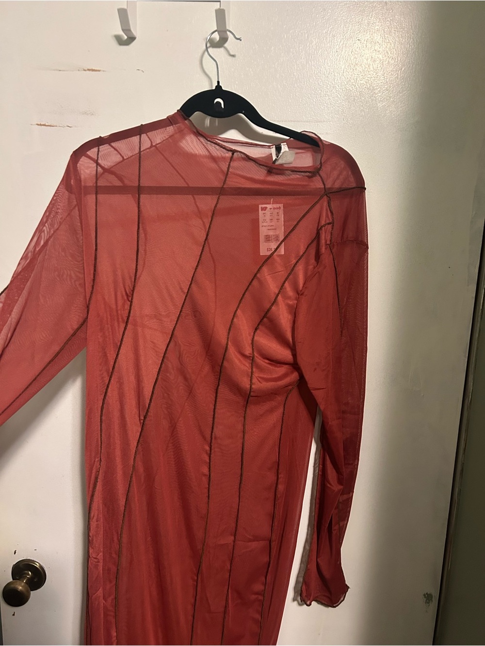 Sheer Long Sleeve Mesh Dress - Red